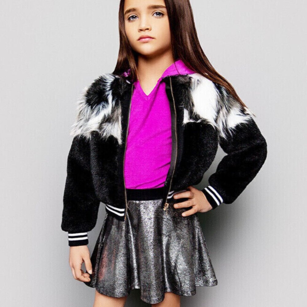 NEW Mia NY Girls Faux Fur Bomber Jacket Stylish White Black NEW sz 7